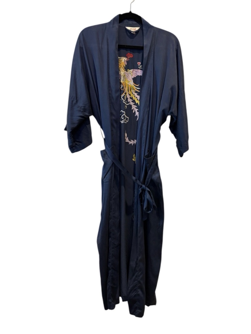 Asilk Navy Silk Kimono Robe Embroidered Phoenix Long Robe Medium